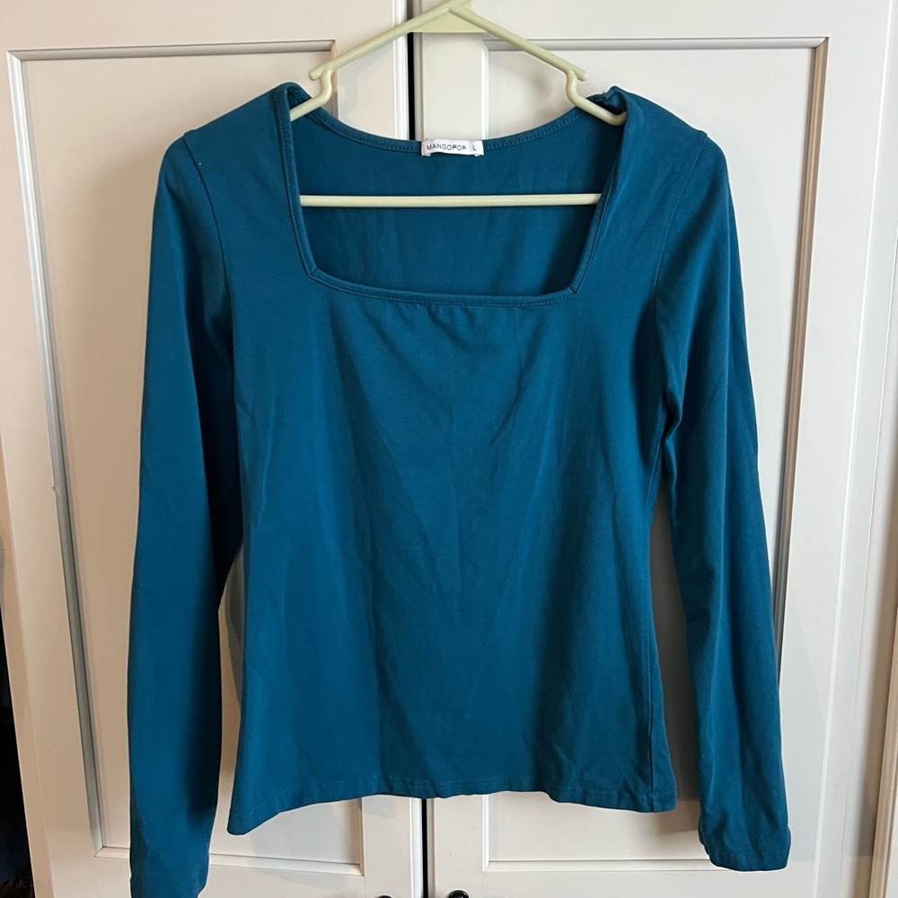 Mangopop Teal Long Sleeve Top with Square Neck